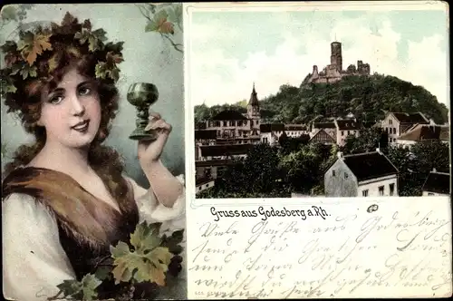 Ak Bad Godesberg Bonn am Rhein, Burg, Frau mit Weinglas