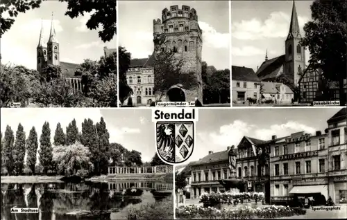 Ak Stendal in der Altmark, Dom, Stadtsee, Tangermünder Tor, Jakobikirche, Sperlingsplatz, Wappen