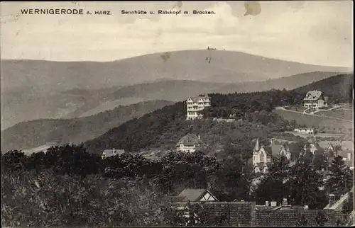 Ak Wernigerode am Harz, Sennhütte, Ratskopf, Brocken, Ortsansicht,