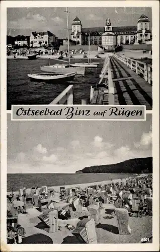 Ak Seebad Binz auf Rügen, Strandpartie, Strandkörbe, Steeg, Boote, Teilansicht