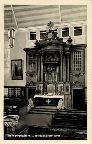 Ak Wernigerode am Harz, Liebfrauenkirche, Altar, Innenansicht, Taufbecken