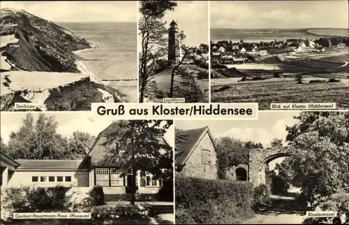 Ak Kloster Hiddensee Ostsee, Leuchtturm, Steilküste, Klostermauer, Gerhardt Hauptmann Haus, Museum