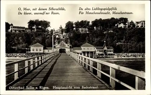 Ak Ostseebad Sellin auf Rügen, Seebrücke, Hauptansicht vom Badestrand, Gedicht