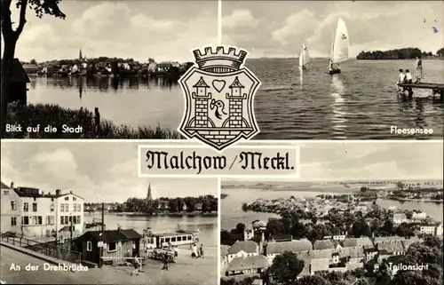 Ak Malchow in Mecklenburg, Blick auf die Stadt, Fleesensee, Teilansicht, An der Drehbrücke, Wappen