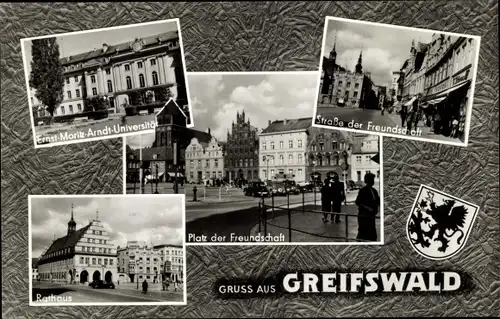 Passepartout Ak Greifswald in Vorpommern, E. M. Arndt Universität, Straße der Freundschaft, Rathaus