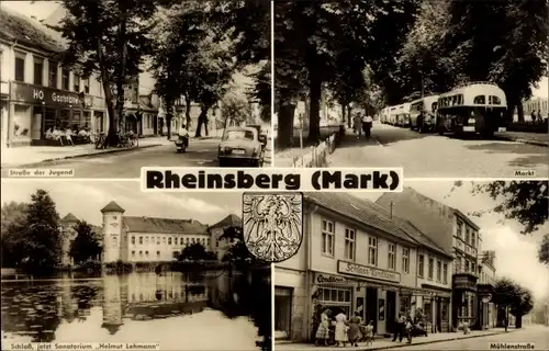 Ak Rheinsberg in der Mark, Straße der Jugend, Markt, Reisebusse, Schloss, Sanatorium, Mühlenstraße