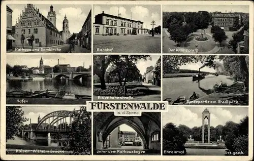 Ak Fürstenwalde an der Spree, Rathaus, Domkirche, Bahnhof, Denkmalplatz, Hafen, Ehrenmal
