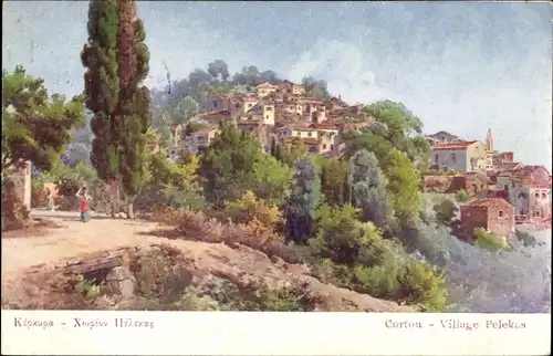 Künstler Ak Peleka Korfu Griechenland, Dorfpartie