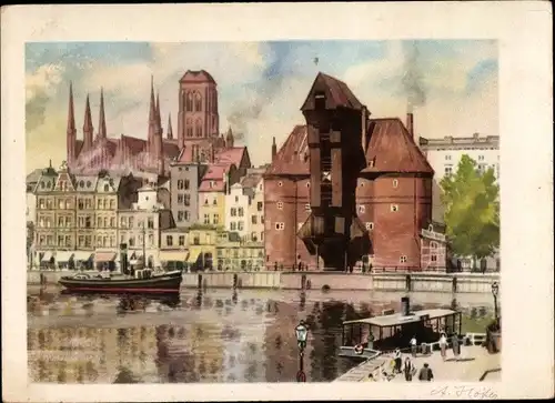 Künstler Ak Höfer, A., Gdańsk Danzig, Krantor, St. Marienkirche, Mottlau