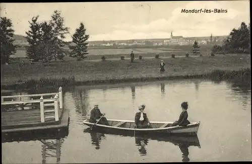 Ak Mondorf les Bains Bad Mondorf Luxemburg, Ruderboot, Kirche, Steg