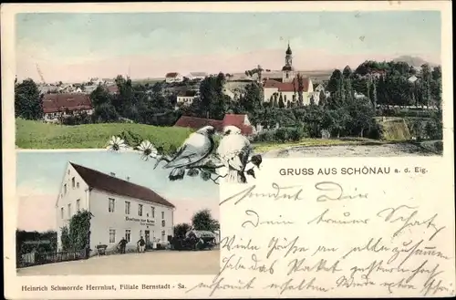 Ak Schönau Berzdorf auf dem Eigen Sachsen, Totale m. Kirche, Gasthaus zur Krone v. Gustav Kretschmer