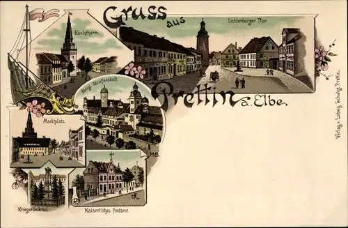 Litho Prettin Annaburg im Kreis Wittenberg, Lichtenburger Tor, Kirche, Strafanstalt, Markt, Post