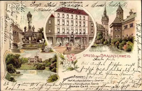 Litho Braunschweig in Niedersachsen, Burggraben, Geschäftshaus, Brunnen