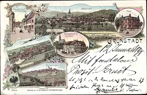 Litho Grünstadt in der Pfalz, Hauptstraße, Stadthaus, Amtsgericht, Rentamt, Post