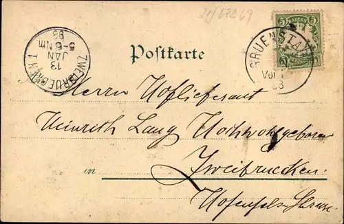 Litho Grünstadt in der Pfalz, Hauptstraße, Stadthaus, Amtsgericht, Rentamt, Post