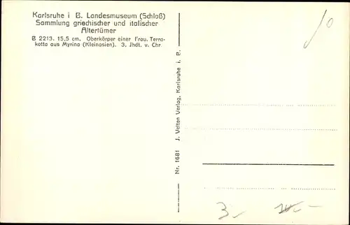 Ak Landesmuseum Schloss Karlsruhe, Sammlung griech. u. italischer Altertümer, Oberkörper einer Frau