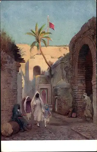 Künstler Ak Tunesien, Maghreb, Rue et Porte Maure, Straße, Araber