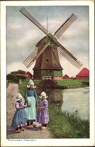 Ak Volendam Nordholland, Watermolen, Windmühle, Mädchen in Trachten