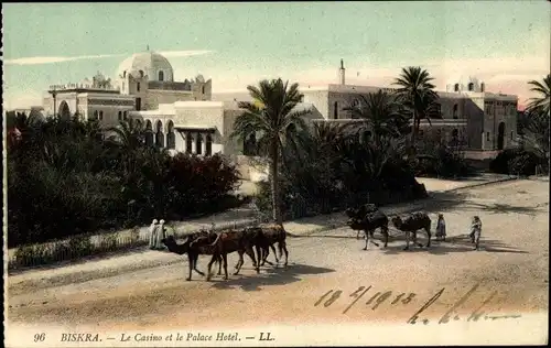 Ak Biskra Algerien, Le Casino, Palace Hotel, Außenansicht, Kamele