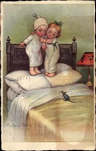 Künstler Ak Colombo, E., Kinder im Bett fürchten sich vor einer Maus