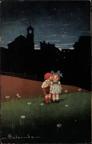Künstler Ak Colombo, E., Liebespaar, Kinder, Nacht, Kuss