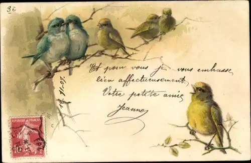 Litho Gelbe und blaue Vögel auf Ästen