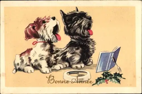 Ak Glückwunsch Neujahr, Singende Hunde, Stechpalmenzweige