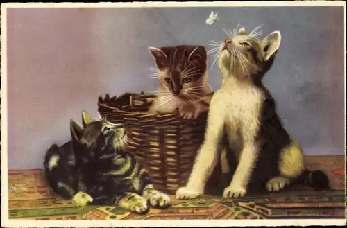 Ak Drei Katzen mit Weidenkorb und Schmetterling
