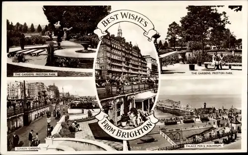 Ak Brighton East Sussex England, The Gardens Preston Park, Sunken Gardens, Aquarium, Palace Pier