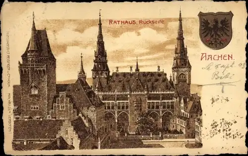 Litho Aachen in Nordrhein Westfalen, Rathaus Rückseite, Wappen