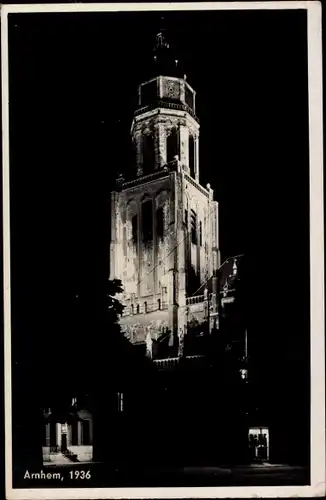 Ak Arnhem Gelderland Niederlande, 1936, Turm bei Nacht