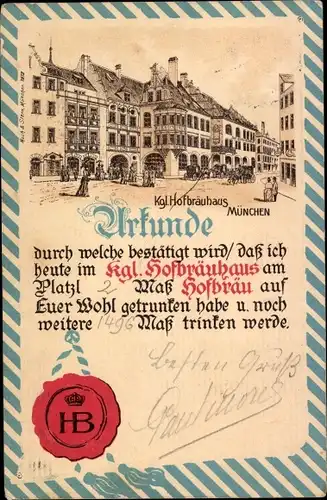 Präge Litho München Bayern, Kgl. Hofbräuhaus, Urkunde über 3 Maß Hofbräu