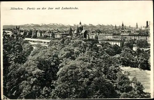 Ak München, Partie an der Isar mit Lukaskirche