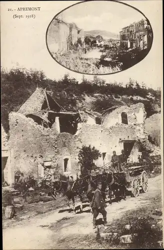 Ak Apremont Meuse, Ruines Sept. 1918, Kriegszerstörung, Straßenansicht, Pferdekutsche