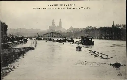 Ak Paris VII, La Crue de la Seine, Les travaux du Pont des Invalides, Le Trocadero