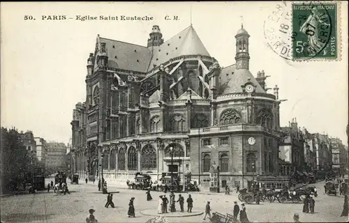 Ak Paris I Louvre, Eglise Saint Eustache, Kirche, Pferdekutsche, Platz