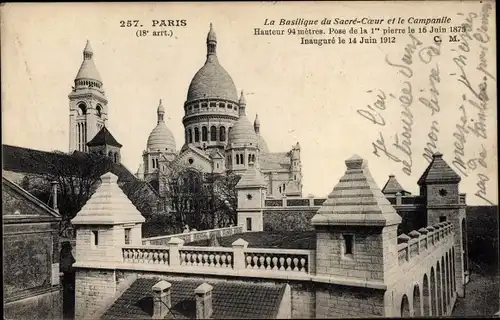 Ak Paris XVIII Montmartre, La Basilique du Sacre-Coeur et le Campanile, Kirche