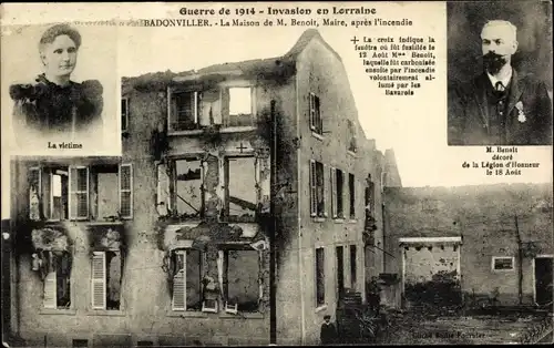 Ak Badonviller Badenweiler Meurthe et Moselle, Le Maison de M. Benoit, Maire, apres l'incendie,1914