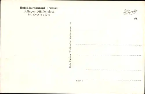 Ak Solingen in Nordrhein Westfalen, Hotel-Restaurant Krusius, Mühlenplatz