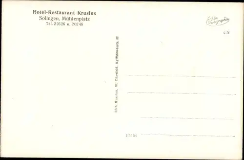 Ak Solingen in Nordrhein Westfalen, Hotel-Restaurant Krusius, Mühlenplatz
