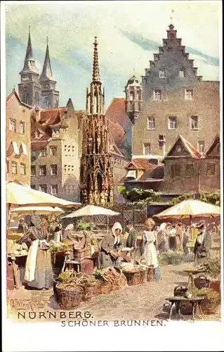 Künstler Ak Nürnberg in Mittelfranken Bayern, Schöner Brunnen, Marktleben