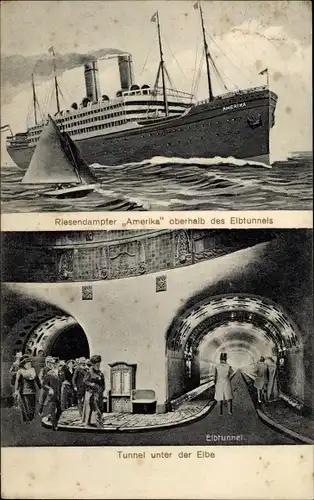 Ak Hamburg Altona, Elbtunnel, Riesendampfer Amerika, Tunnel unter der Elbe