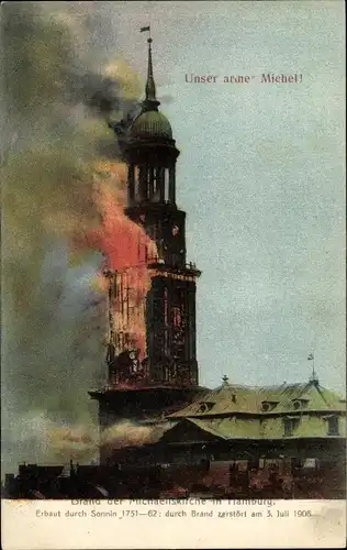 Ak Hamburg, Brand der Michaeliskirche, 3. Juli 1906, Turm in Flammen, Rauchsäulen