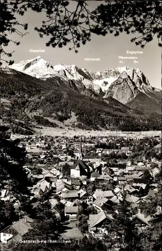 Ak Garmisch Partenkirchen in Oberbayern, Ort mit Gebirgspanorama, Zugspitze, Alpspitze, Höllental