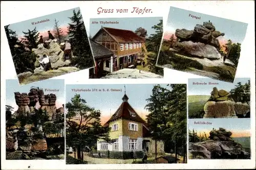 Ak Oybin Sachsen, Töpferbaude, Papagei, Brütende Henne, Felsentor, Schildkröte, Wackelstein