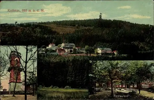 Ak Kottmar in Sachsen, Gesamtansicht von Ort und Berg, Aussichtsturm, Restaurant Garten