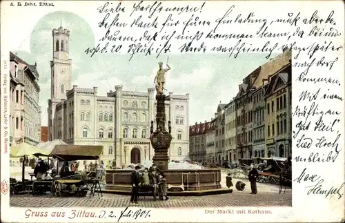 Ak Zittau Sachsen, Der Markt, Rathaus, Brunnen, Denkmal