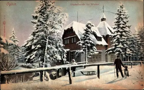 Ak Oybin in der Oberlausitz, Töpferbaude im Winter, Schlitten, Schnee