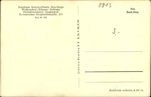 Ak Waltersdorf Großschönau in der Oberlausitz Sachsen, Gasthaus Sommerfrische Neu-Sorge