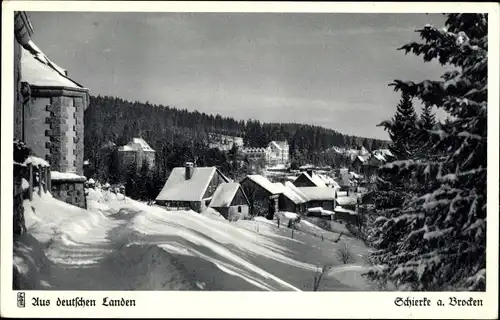 Ak Schierke Wernigerode am Harz, Durchblick auf Unterschierke, Panorama, Schnee